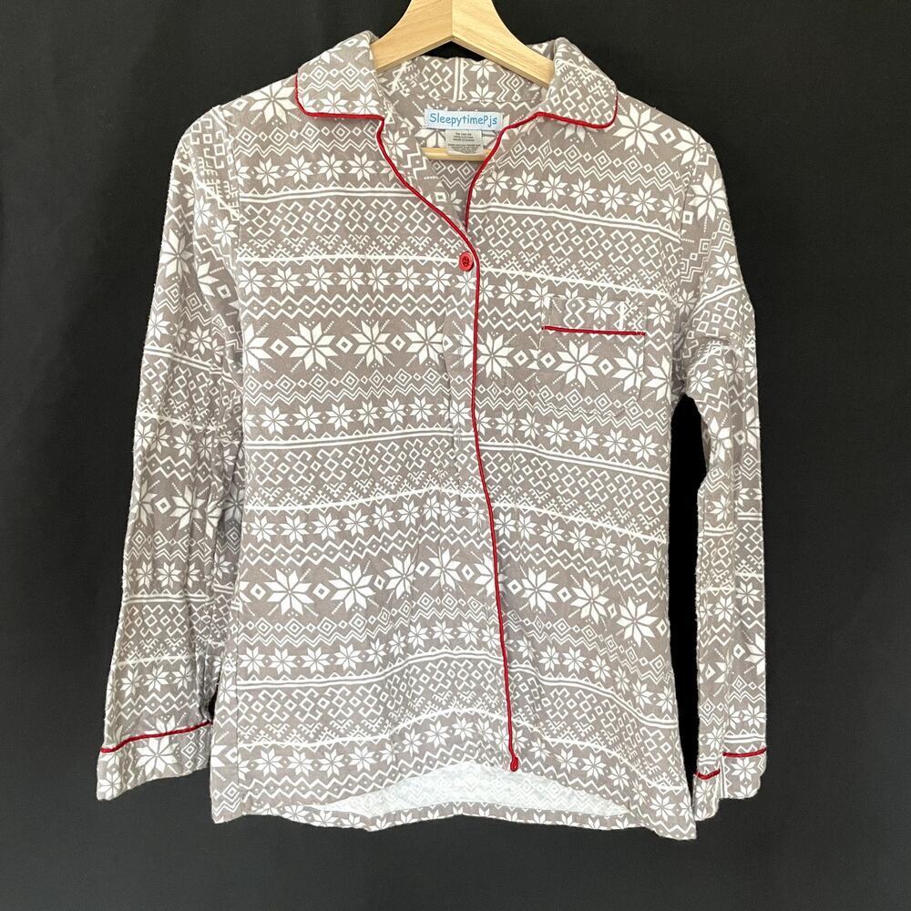 Sleepytime Pjs cotton pajama top button down women's size small gray red trim